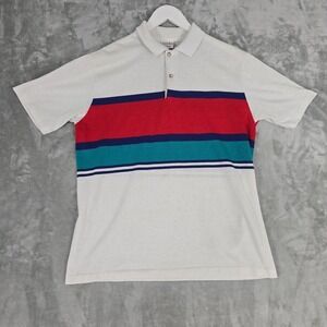 Windridge Mervyns Mens Striped Polo Shirt L White Red Retro Single Stitch Sheer